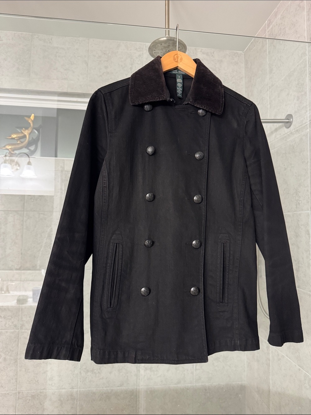 Women’s Lauren Jeans Co  Double-Breasted Black Jacket with Corduroy Collar